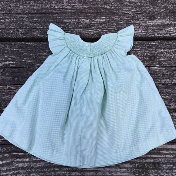 Bow Peep Girls Smocked Dress Size 6 Months Green/White 5 - Picture 4 of 4